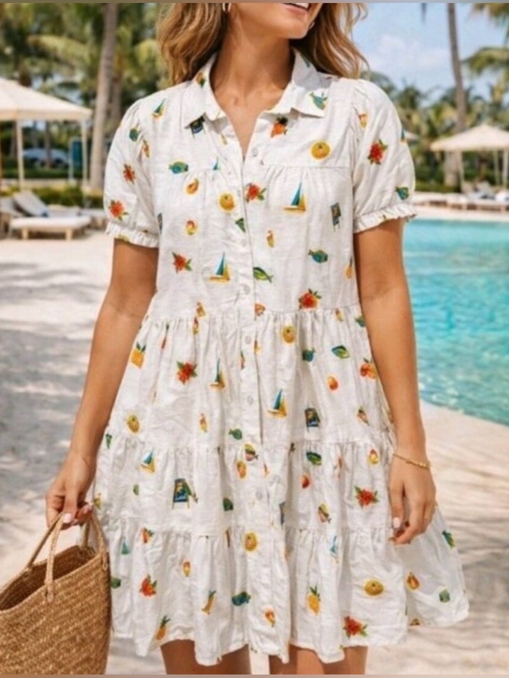 Jane and Delancey Tropical White Tiered Button-Front Dress Relaxed Small